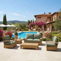 Anderson Teak 5-piece teak wood outdoor sofa set with deep seats, in vibrant pomegranate color, for garden lounge and patio use.