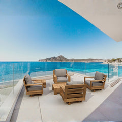 Anderson Teak 6-piece teak wood deep seating outdoor sofa set in pomegranate with colorful cushions for garden lounge.