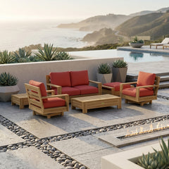 Anderson Teak 6-piece deep seating sofa set in Pomegranate, outdoor teak wood patio furniture for garden lounge.
