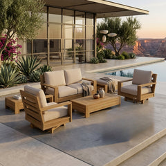 Anderson Teak 6-piece outdoor sofa set in deep seating with teak wood, featuring vibrant pomegranate cushions for garden lounge.