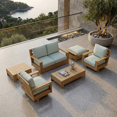 Anderson Teak 6-piece deep seating outdoor sofa set in Pomegranate, crafted from A-grade teak wood for garden lounge comfort.