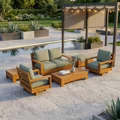 Anderson Teak 6-piece A-grade teak wood outdoor sofa set with deep seating in vibrant pomegranate color for garden lounge.