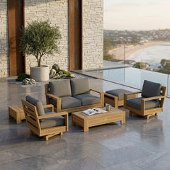 Anderson Teak 6-piece deep seating outdoor sofa set in vibrant pomegranate color, crafted from A-grade teak wood for garden lounge.