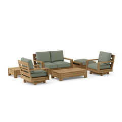 Anderson Teak 6-piece Madera teak wood deep seating outdoor patio sofa set with colorful cushions for garden lounge.