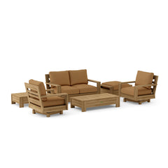 Anderson Teak 6-piece deep seating sofa set in Pomegranate, featuring teak wood construction and designer color options for outdoor patio.