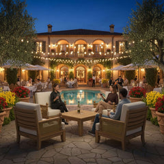 Anderson Teak SET-55 Luxe modular teak wood outdoor sofa in pomegranate color, deep seating with plush cushions for garden lounge.