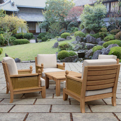 Anderson Teak SET-55 Luxe modular teak wood outdoor sofa with deep seating in pomegranate color, part of designer outdoor patio collection.