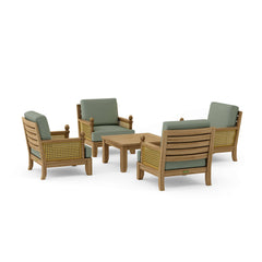 Anderson Teak SET-55 Luxe modular teak wood outdoor sofa set in cast pomegranate with deep seating and colorful cushions.