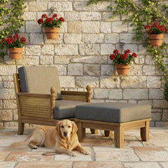 Anderson Teak SET-70 Luxe Teak Wood deep seating sofa with armchair and ottoman in cast pomegranate color for outdoor patio.