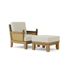 Anderson Teak SET-70 Luxe Teak Wood deep seating sofa with armchair and ottoman in cast pomegranate color for outdoor patio.