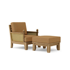 Anderson Teak SET-70 Luxe Teak Wood deep seating sofa with armchair and ottoman in vibrant pomegranate color for outdoor patio.