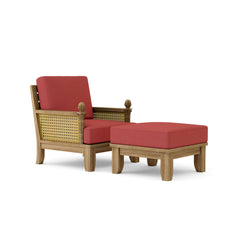 Anderson Teak SET-70 Luxe Teak Wood deep seating sofa with armchair and ottoman in vibrant pomegranate color for outdoor patio lounge.