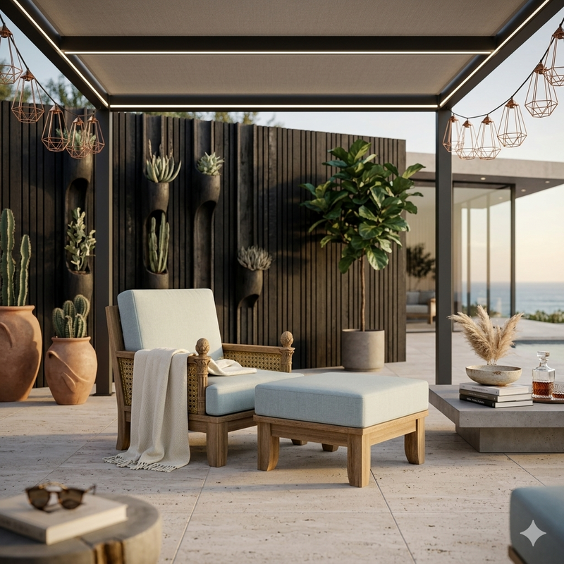 Anderson Teak SET-70 Luxe Teak Wood deep seating sofa with armchair and ottoman in cast pomegranate color for outdoor patio.