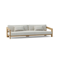 Anderson Teak Smyrna Teak Wood 4-Seater Outdoor Patio Sofa with colorful cushions for garden lounge outdoor seating.