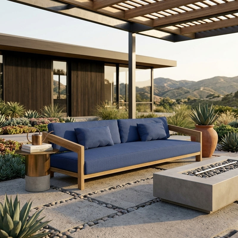 Anderson Teak Smyrna Teak Wood 4-seater outdoor patio sofa in cast pomegranate, designed for garden lounge, 9 color options.