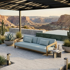 Anderson Teak Smyrna Teak Wood 4-Seater Outdoor Patio Sofa with colorful cushions, garden lounge furniture, 9 designer colors.