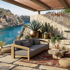 Anderson Teak Smyrna Teak Wood 4-Seater Outdoor Patio Sofa in Pomegranate color, garden lounge furniture with stylish design.