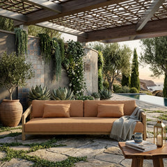 Anderson Teak Smyrna Teak Wood 4-seater outdoor patio sofa in pomegranate with designer color options for garden lounge.