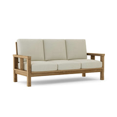 Southbay Deep Teak Wood Sofa by Anderson Teak, outdoor 3-seater patio lounge in vibrant pomegranate color with designer finish.