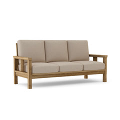 Southbay deep teak wood outdoor patio 3-seater sofa by Anderson Teak with cast pomegranate finish for garden lounge.