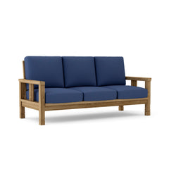 SouthBay Deep Teak Wood 3-Seater Sofa by Anderson Teak in Pomegranate, outdoor patio garden lounge seating with 9 designer colors.