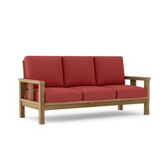 Southbay deep teak wood outdoor patio 3-seater sofa by Anderson Teak in cast pomegranate color, designed for garden lounge comfort.