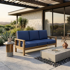 Southbay deep teak wood outdoor patio 3-seater sofa by Anderson Teak in cast pomegranate, perfect for garden lounge seating.