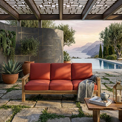 Southbay deep teak wood outdoor 3-seater sofa by Anderson Teak, in vibrant cast pomegranate color, ideal for garden lounge seating.