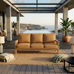 Southbay Deep Teak Wood 3-Seater Sofa by Anderson Teak in Pomegranate, perfect for outdoor garden lounge seating.