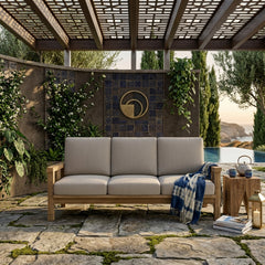 Outdoor Anderson Teak Southbay Deep Teak Wood 3-Seater Sofa in Pomegranate, suitable for garden patio lounge.