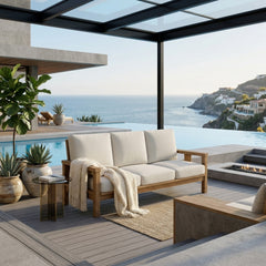 Southbay deep teak wood outdoor patio 3-seater sofa by Anderson Teak in cast pomegranate color, perfect for garden lounge seating.