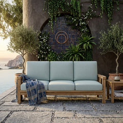 Southbay deep teak wood 3-seater outdoor sofa by Anderson Teak in cast pomegranate, designed for garden lounge, available in 9 colors.