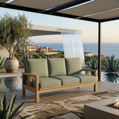 SouthBay Deep Teak Wood 3-Seater Sofa by Anderson Teak in Pomegranate, outdoor patio garden lounge seating, available in 9 designer colors.