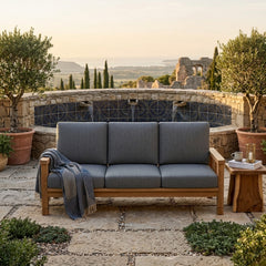 Southbay Deep Teak Wood Outdoor Sofa by Anderson Teak, 3-seater garden lounge with vibrant cast pomegranate color.