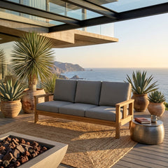 Southbay deep teak wood outdoor 3-seater sofa by Anderson Teak in pomegranate color, perfect for garden lounge seating.