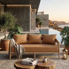 Anderson Teak Toscana teak wood outdoor 3-seater sofa in Pomegranate, perfect for garden lounge with stylish design and nine color options.
