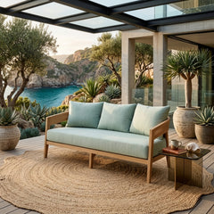 Anderson Teak Toscana teak wood outdoor 3-seater sofa with plush cushions, available in 9 designer colors for garden lounge seating.