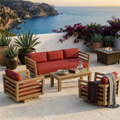 Anderson Teak Córdoba Teak Wood Outdoor Sofa Set in sage color, perfect for garden lounge, with plush cushions and designer style.