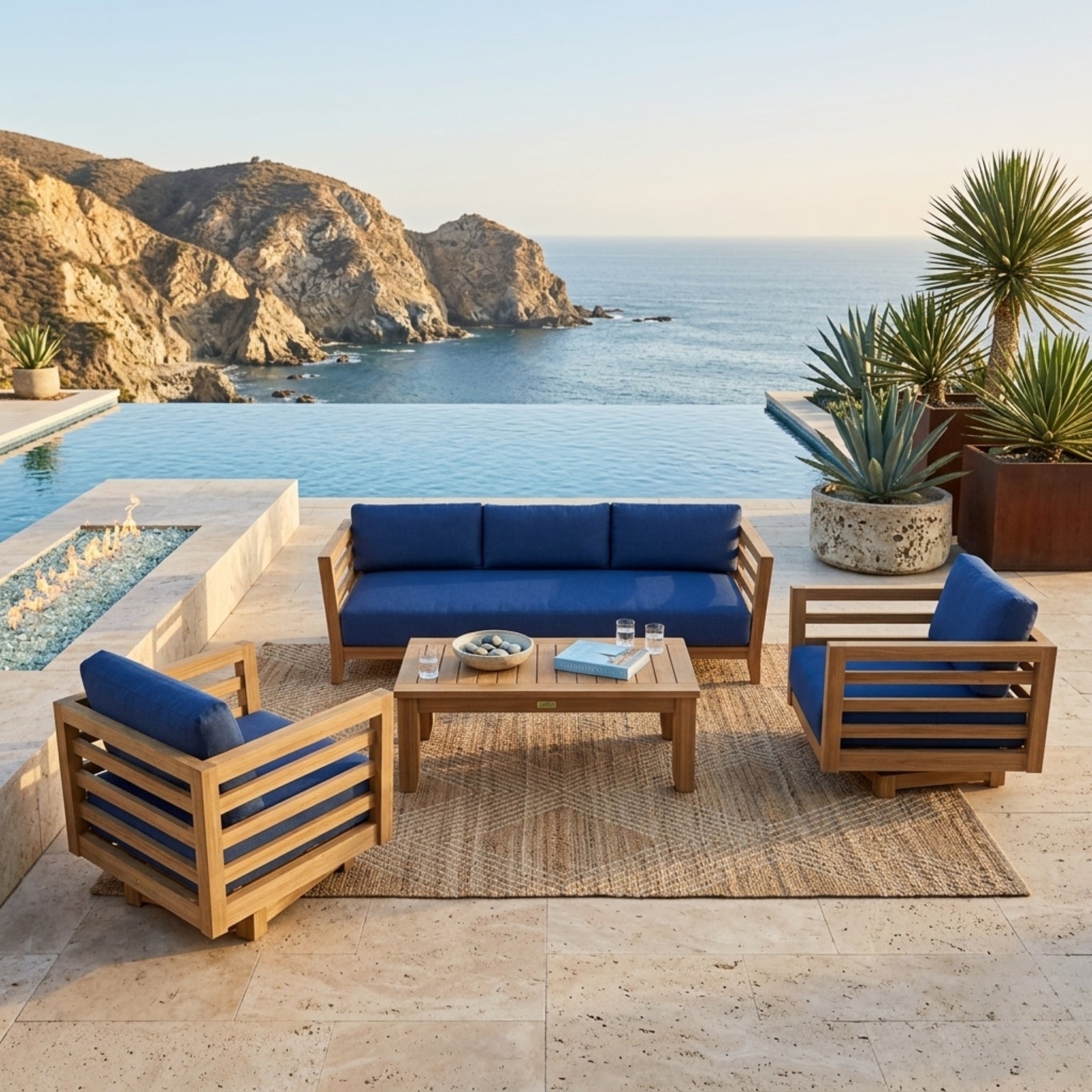 Anderson Teak Cordoba teak wood outdoor sofa set with sage cushions, part of the 9-color garden lounge patio collection.