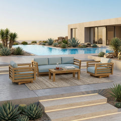 Anderson Teak Córdoba Teak Wood Outdoor Sofa Set in Sage color, designed for garden lounge and patio seating, with 9 color options.