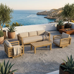 Anderson Teak Cordoba teak wood outdoor patio sofa set in sage green, designed for garden lounge and outdoor seating.