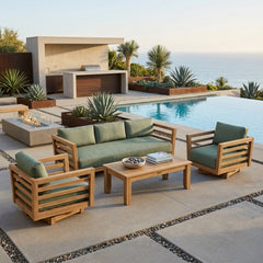 Outdoor patio sofa set by Anderson Teak in cast sage, featuring teak wood construction and nine designer colors for garden lounge seating.