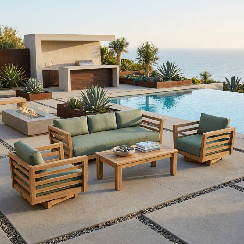 Outdoor patio sofa set by Anderson Teak in cast sage, featuring teak wood construction and nine designer colors for garden lounge seating.