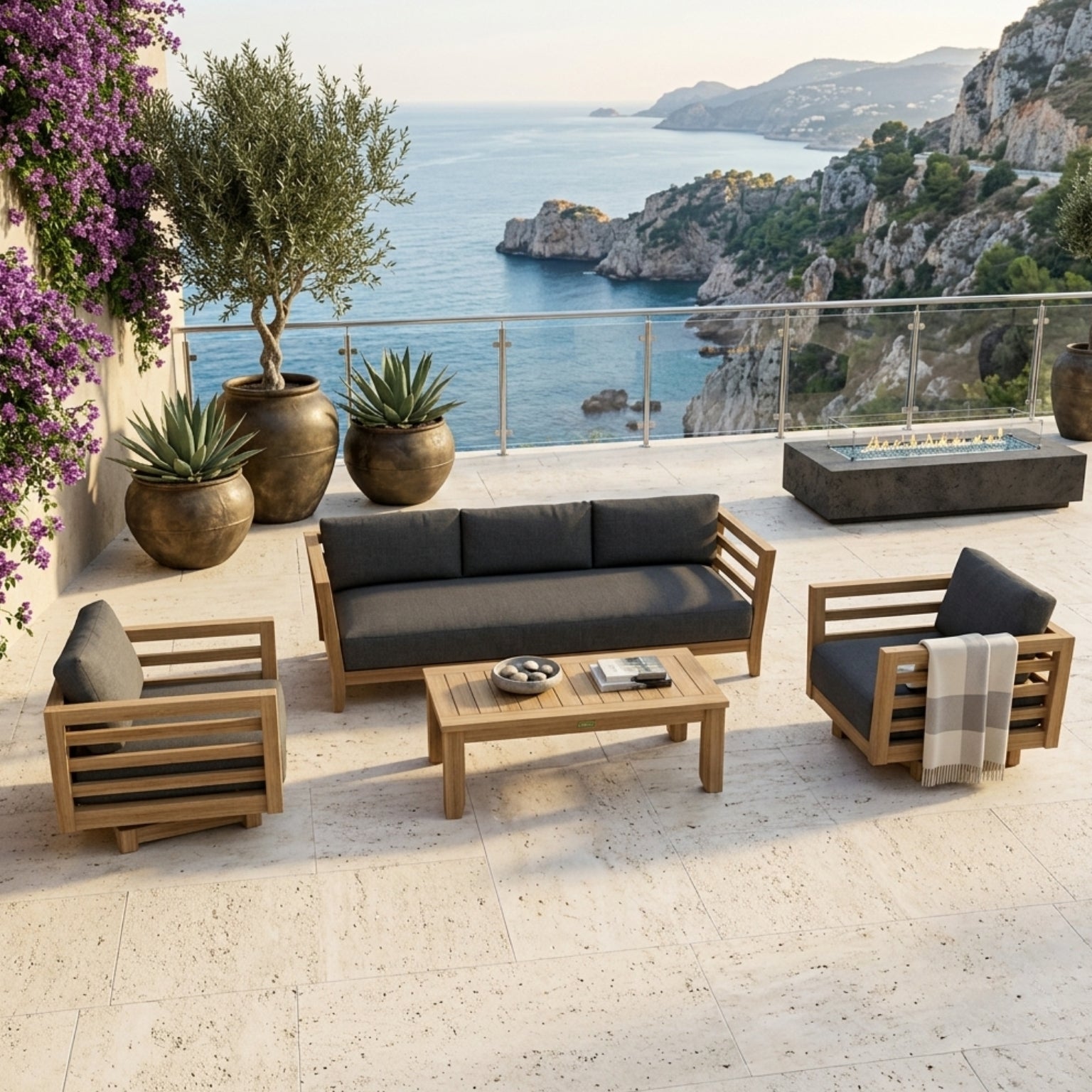Anderson Teak Cordoba Teak Wood outdoor sofa set with sage cushions, part of the 9-color patio garden lounge collection.