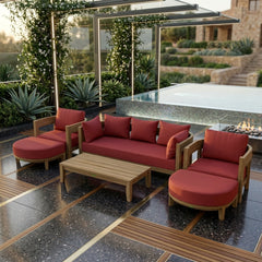 Anderson Teak Coronado 6-piece teak wood outdoor sofa set with cushions, designed for garden patio lounge in various colors.