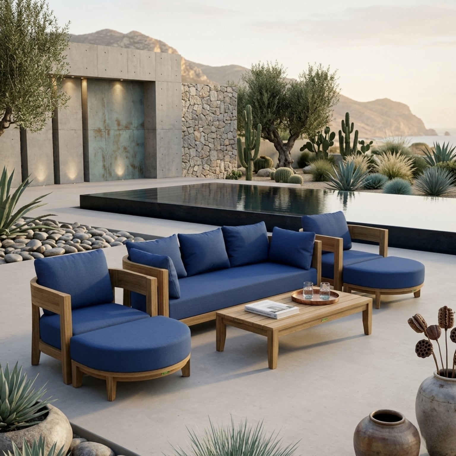 Anderson Teak Coronado 6-piece teak wood outdoor sofa set with cushions in designer colors, for garden lounge and patio seating.