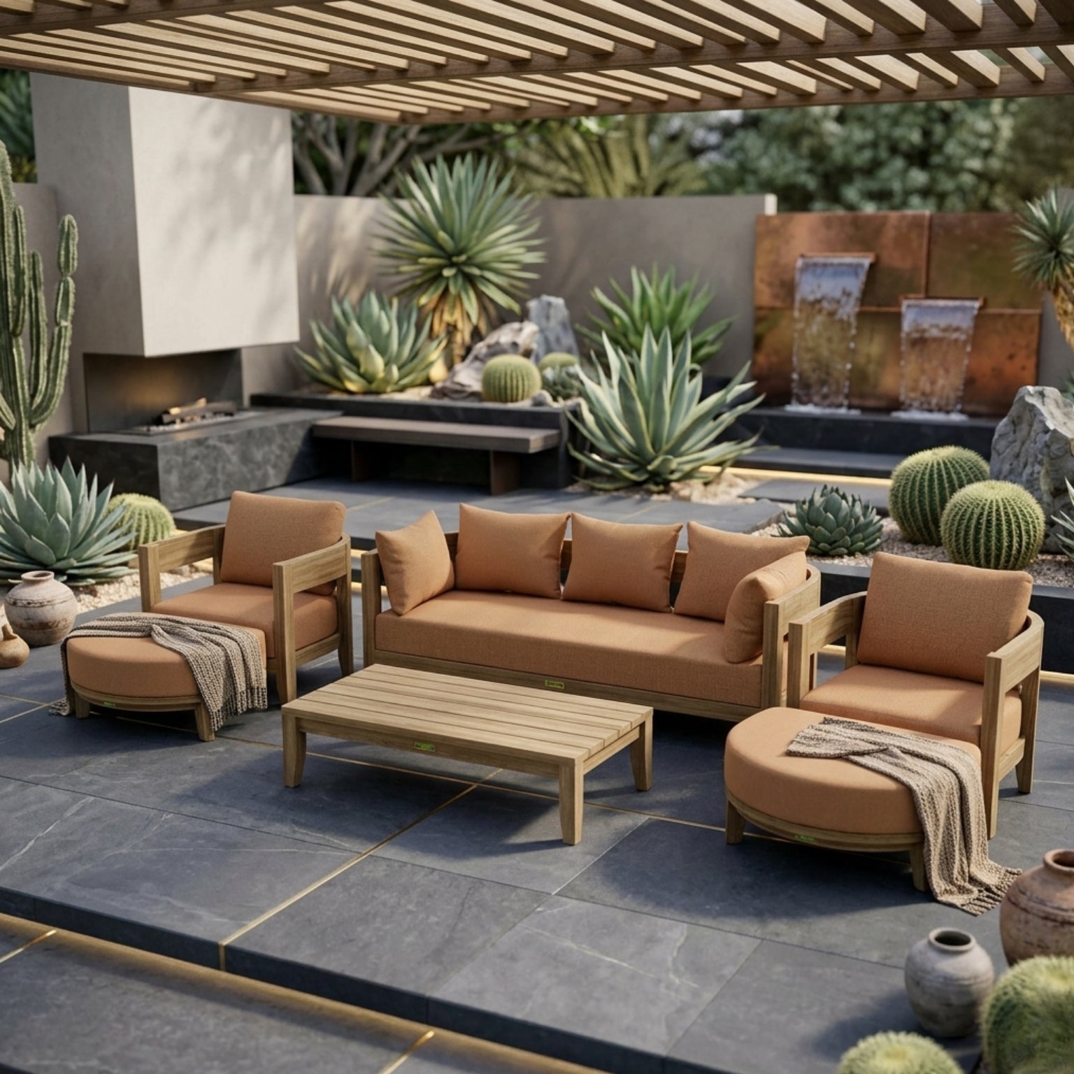 Anderson Teak Coronado 6-piece teak wood outdoor patio sofa set in designer colors, ideal for garden lounge and outdoor seating.