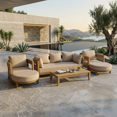 Anderson Teak Coronado 6-piece teak wood outdoor sofa set with cushions in multiple designer colors, perfect for garden lounge.