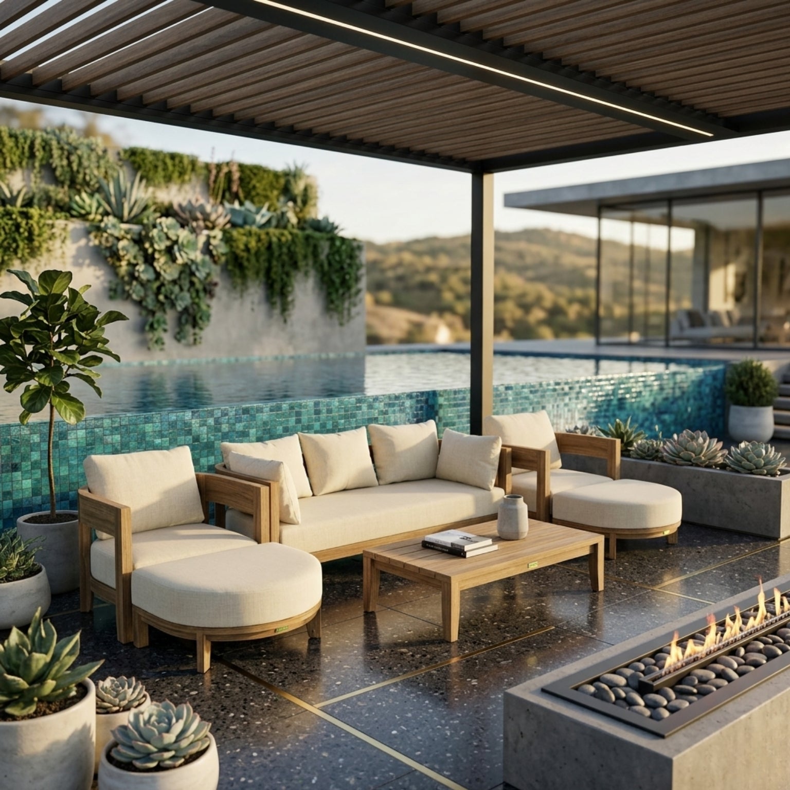 Six-piece Coronado teak wood outdoor sofa set by Anderson Teak with garden lounge seating in various designer colors.