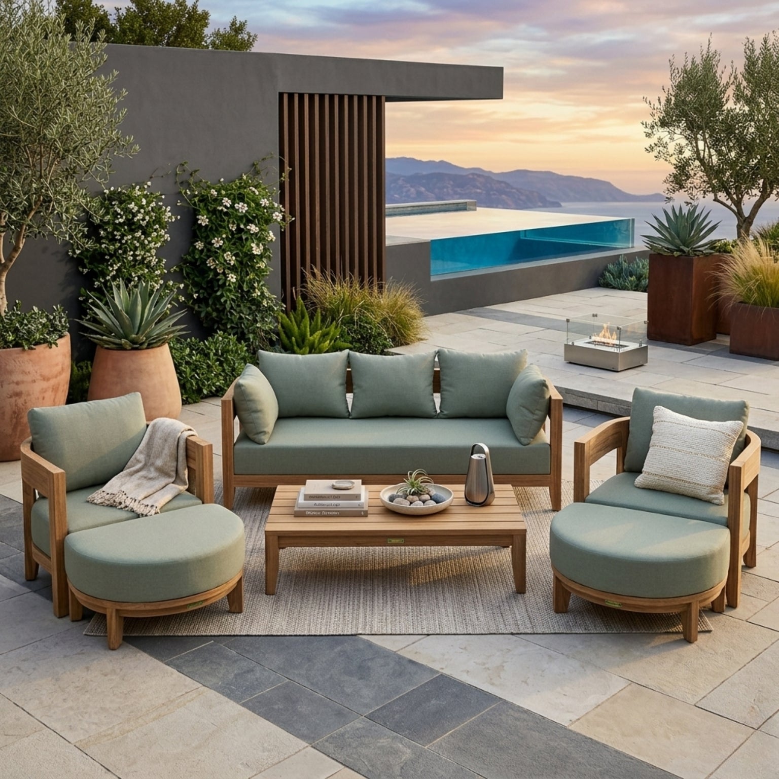 Anderson Teak Coronado 6-piece teak wood outdoor sofa set with cushions, designed for garden lounge and patio seating, available in 9 colors.